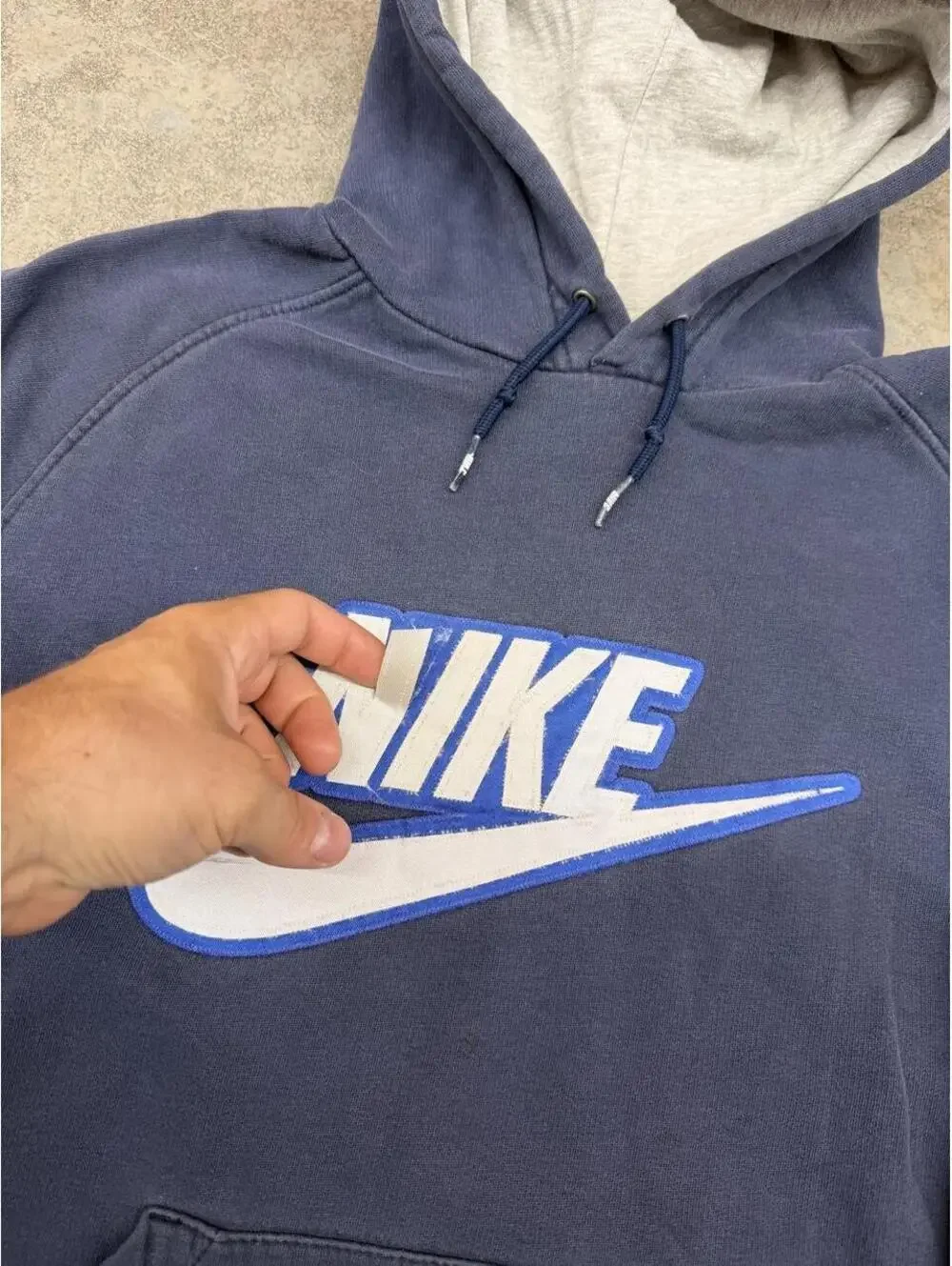 vintage nike navy big swoosh spell out hoodie size medium LOGO HAS FLAW